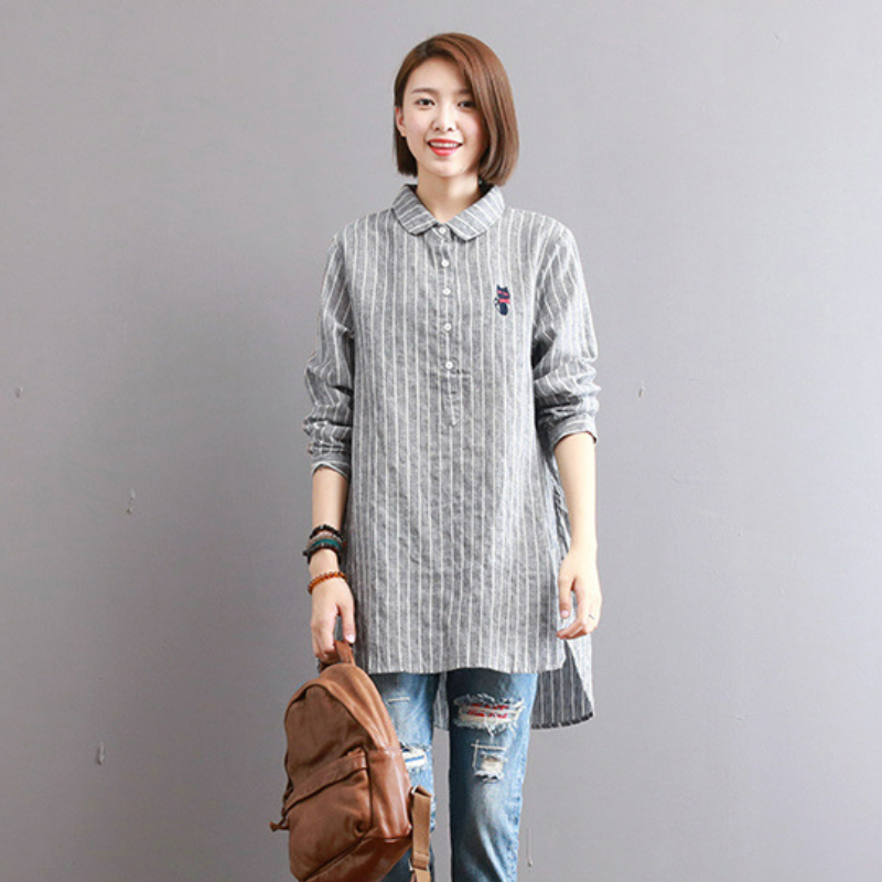 寬鬆中長款刺繡條紋長袖棉質娃娃領襯衫-HaloBless