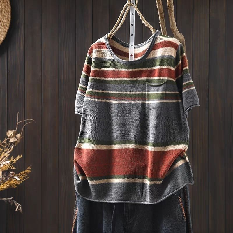 休閒百搭圓領條紋寬鬆時尚短袖針織T恤-HaloBless