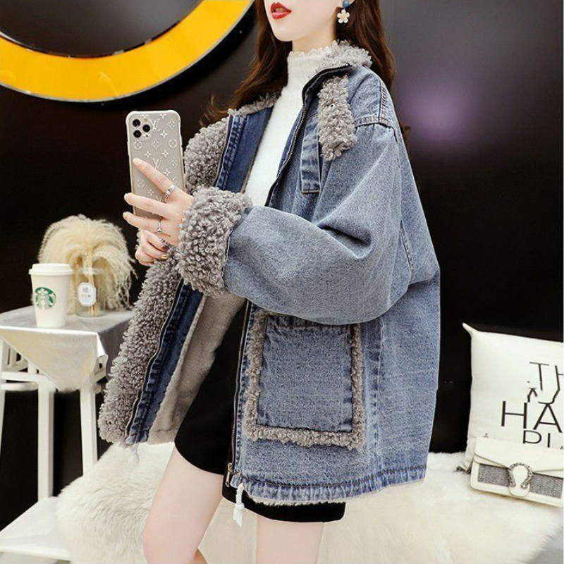 休閒寬鬆刷毛加厚棉衣洋氣百搭牛仔外套