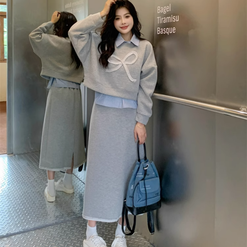 【整套】POLO領條紋拼接長袖衛衣+高腰包臀半裙兩件套裝-HaloBless