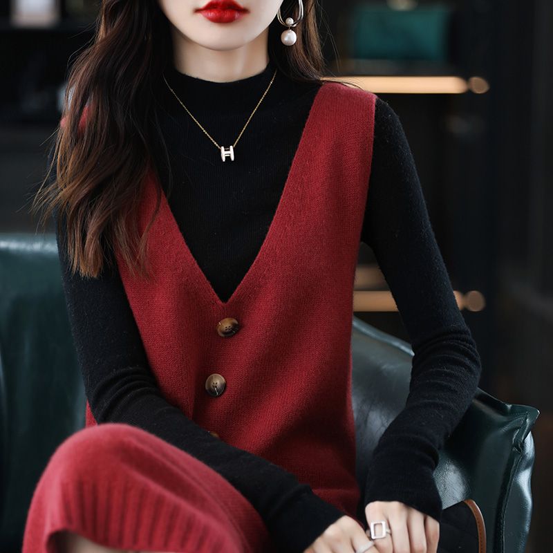 背心裙寬鬆針織無袖V領中長款馬甲連身裙-HaloBless