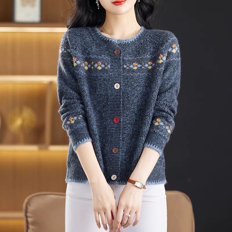 氣質休閒減齡復古寬鬆花紗針織開衫