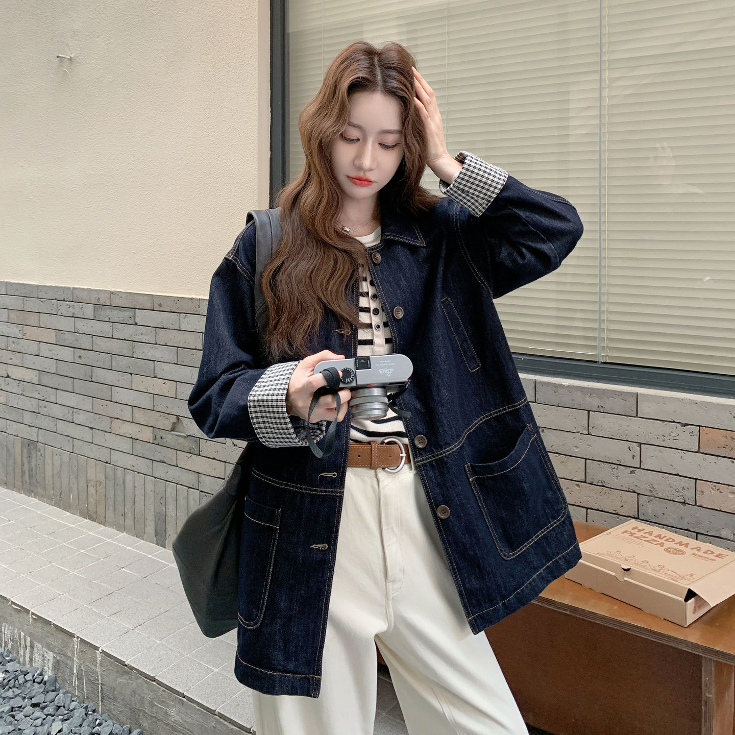 拼接寬鬆顯瘦百搭夾克中長款牛仔外套-HaloBless