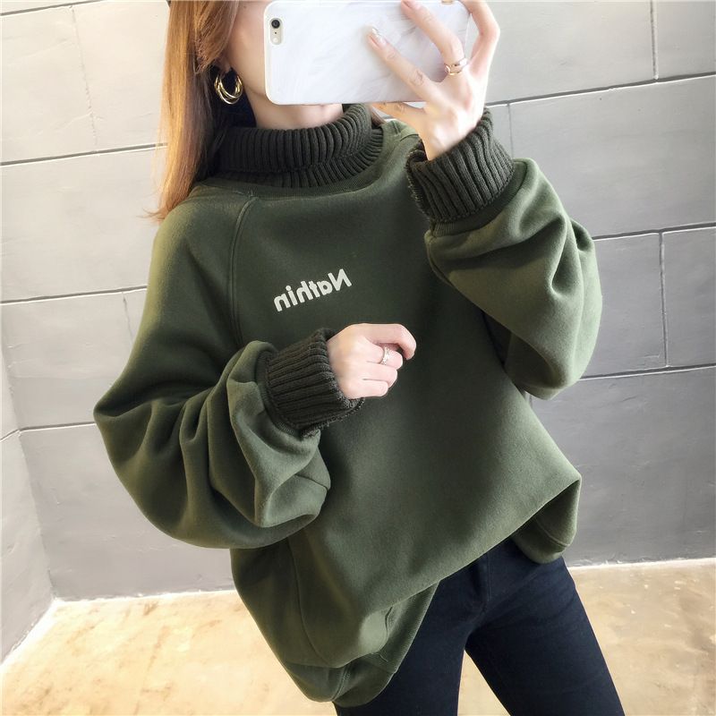 Ins寬鬆韓版拼接高領加絨厚衛衣-HaloBless