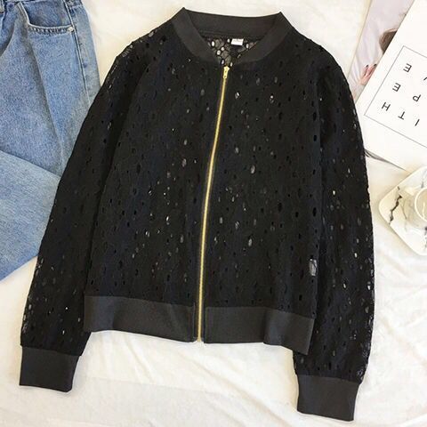 百搭大碼蕾絲薄款鏤空棒球服防曬開衫