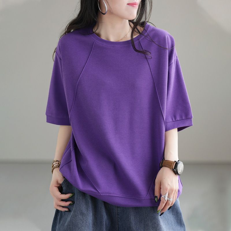 文藝純棉寬鬆復古圓領拼接短袖T恤-HaloBless