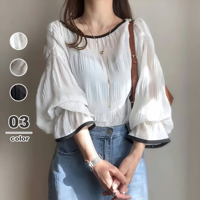 日韓素色肌理感壓褶泡泡袖圓領套頭雪紡衫-HaloBless