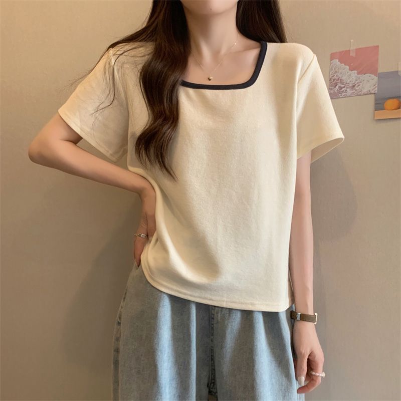 寬鬆大碼顯瘦方領洋氣百搭正肩短袖T恤