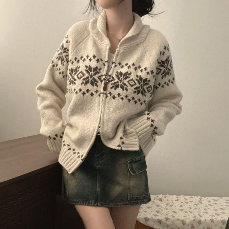 復古甜美提花寬鬆百搭雙頭拉鍊針織開衫