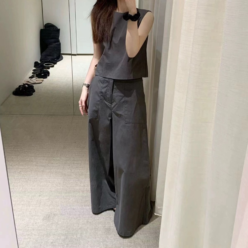 【單件/套裝】極簡魅力純色無袖背心+高腰顯瘦闊腿褲兩件套裝