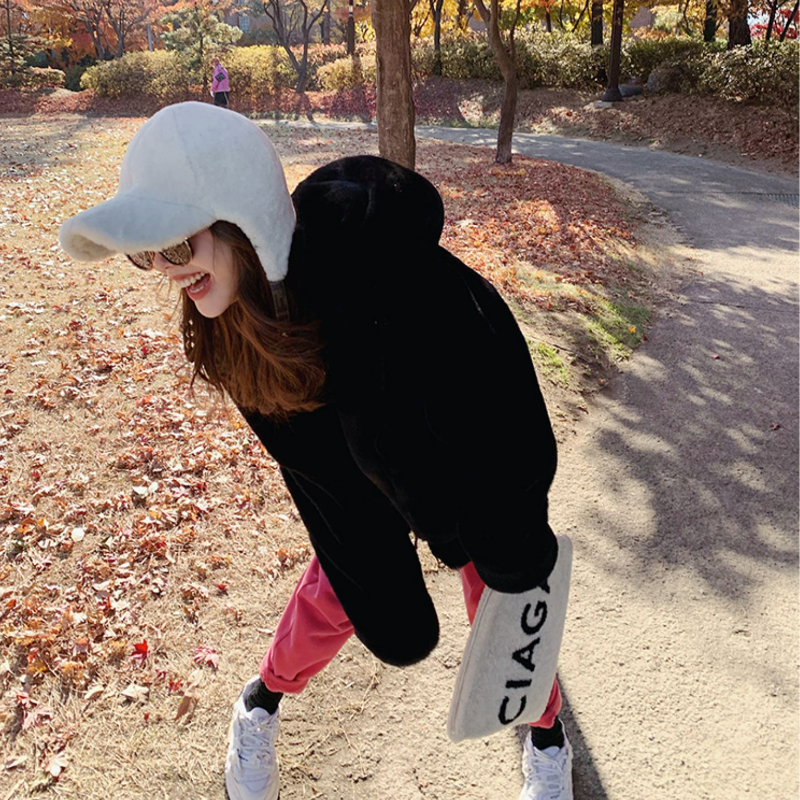 寬鬆慵懶連帽刷毛仿皮草加厚羊羔毛絨外套