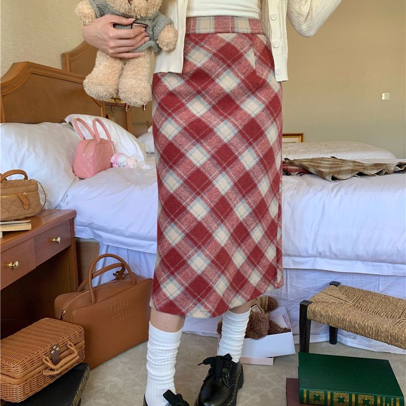 百搭包臀a字毛呢格子短款/長款半身裙-HaloBless
