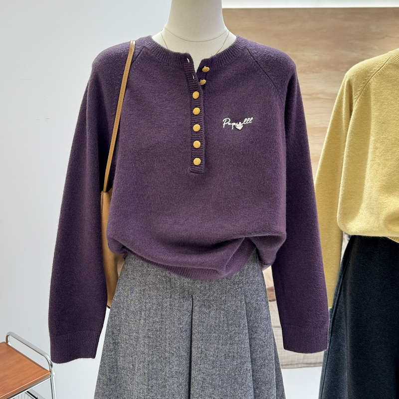 韓系半開領紐扣時尚顯瘦字母刺繡針織毛衣