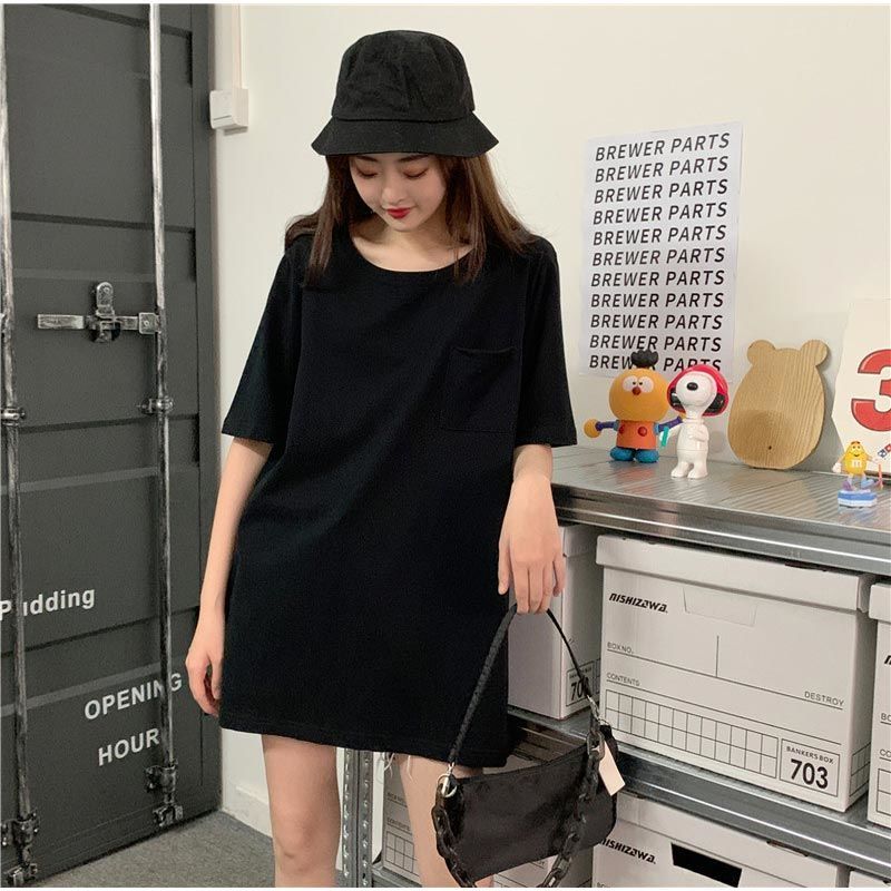 港風純棉寬鬆圓領開叉遮臀中長版短袖T恤