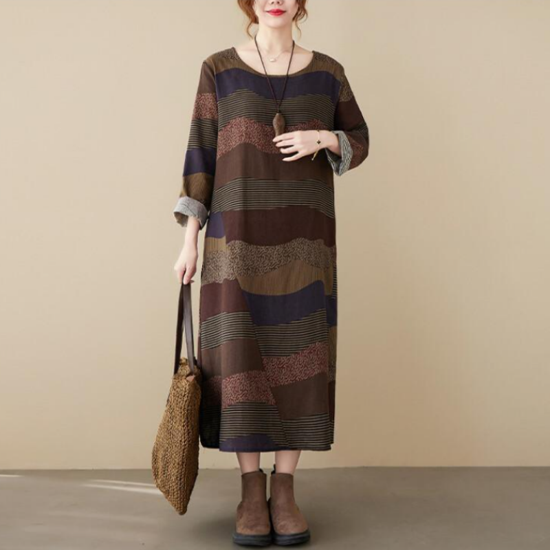 文藝洋氣復古亞麻條紋拼接棉麻洋裝-HaloBless