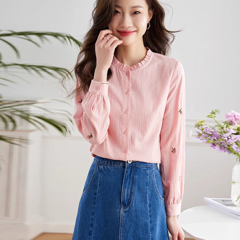 法式木耳邊立領氣質刺繡長袖襯衫-HaloBless