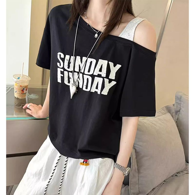 韓版時尚寬鬆顯瘦斜肩吊帶撞色字母短袖T桖-HaloBless