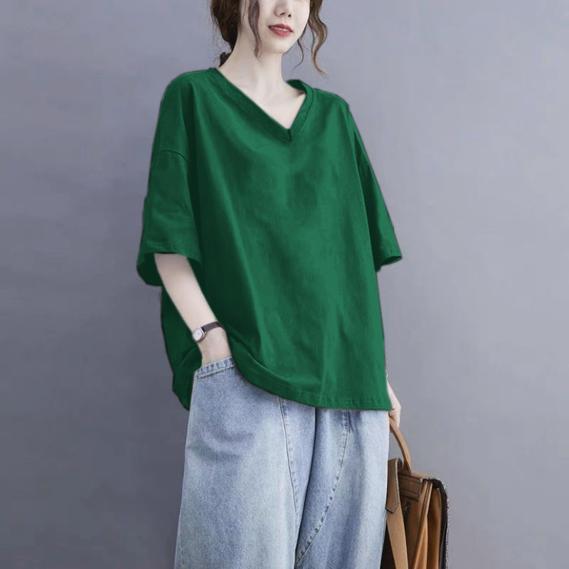 美式慵懶風設計感小眾純棉V領短袖t恤-HaloBless