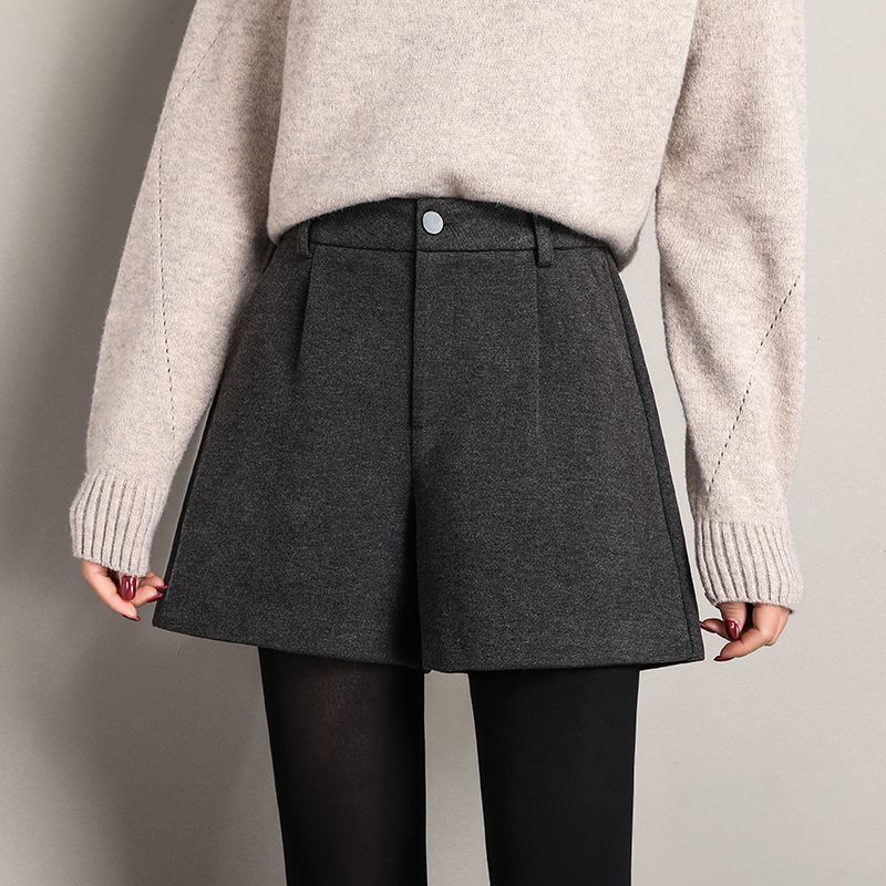 顯瘦毛呢加厚寬鬆A字高腰闊腿短褲
