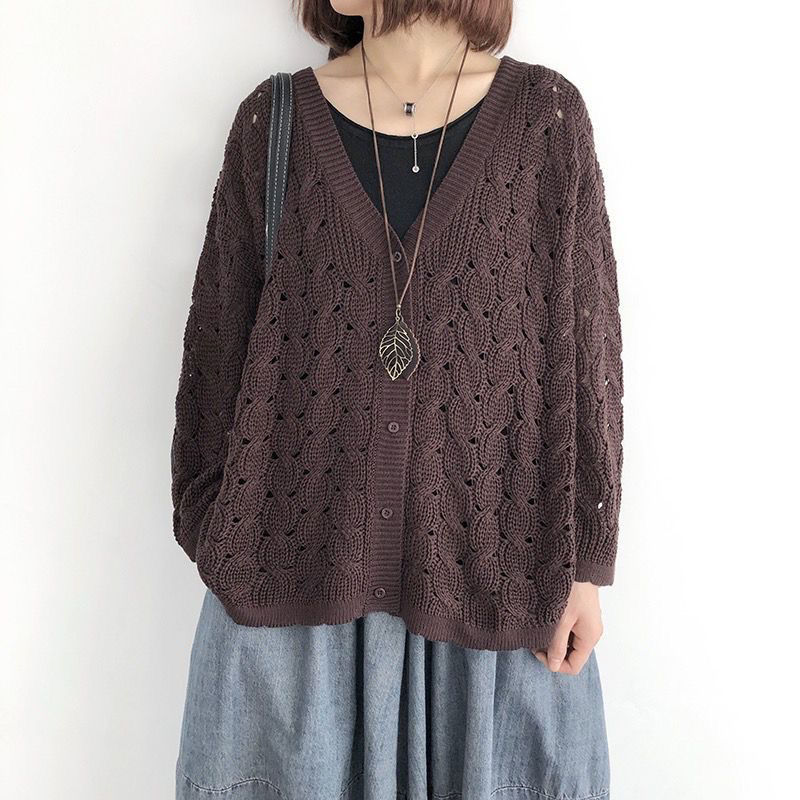 鏤空大碼顯瘦網眼長袖針織衫開衫-HaloBless