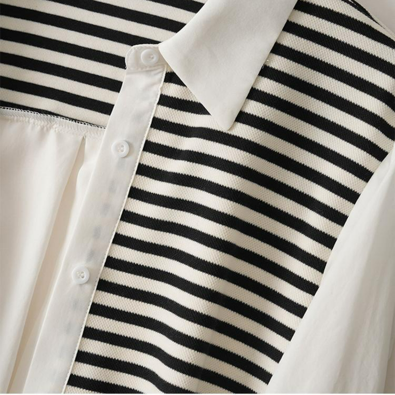 寬鬆針織拼接休閒中長版長袖襯衫