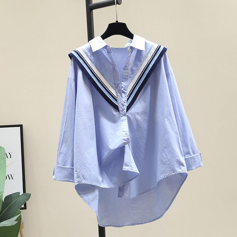 韓版寬鬆休閒針織木耳邊拼接襯衫