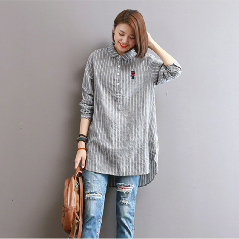 寬鬆中長款刺繡條紋長袖棉質娃娃領襯衫-HaloBless