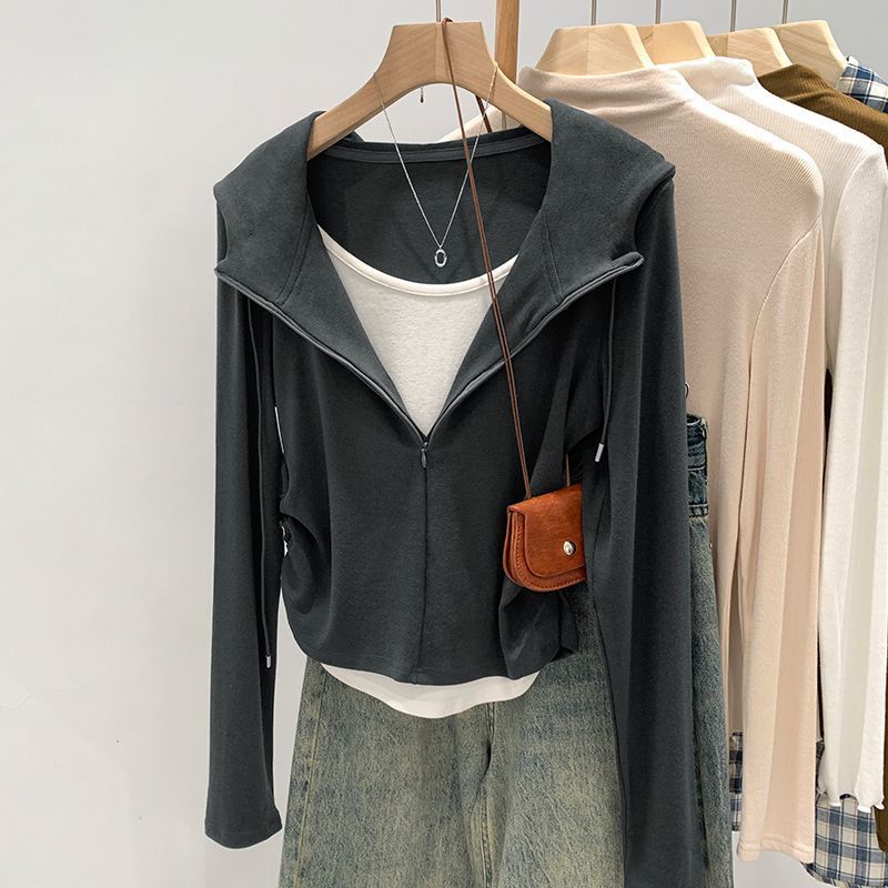 美式假兩件抽褶顯瘦連帽長袖T恤