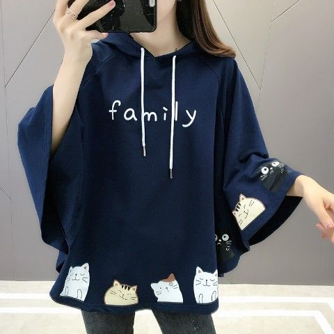 時尚貓咪印花寬鬆顯瘦斗篷款蝙蝠袖連帽衛衣-HaloBless