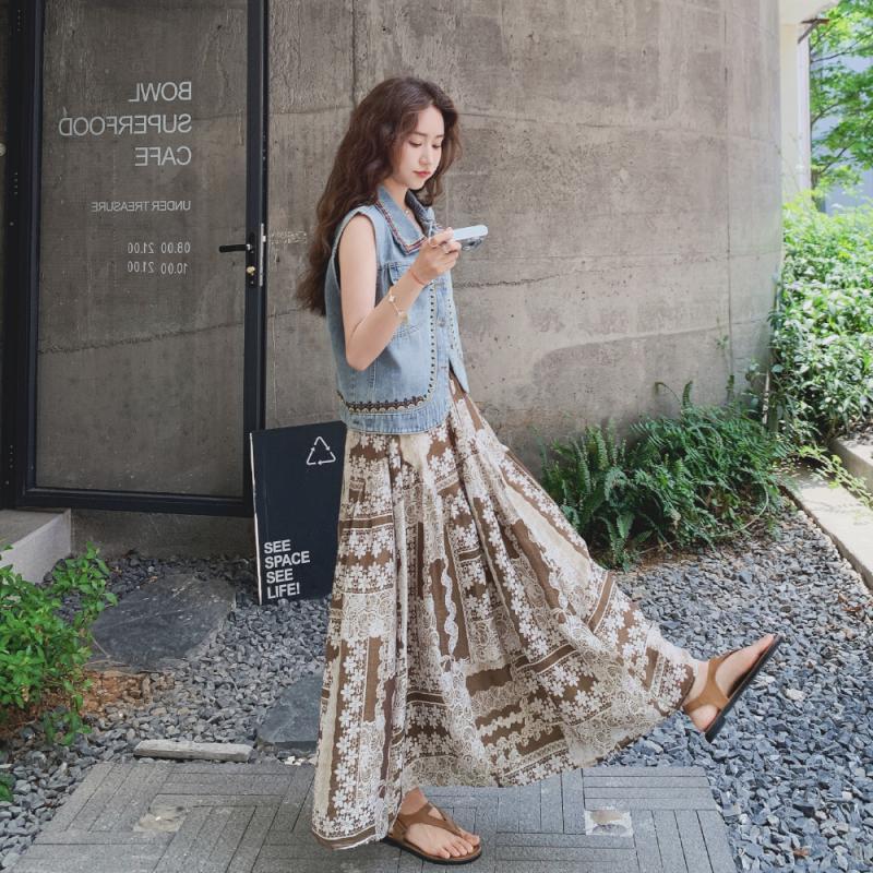 【單品/套裝】復古民族風刺繡牛仔馬甲半身裙兩件套裝-HaloBless