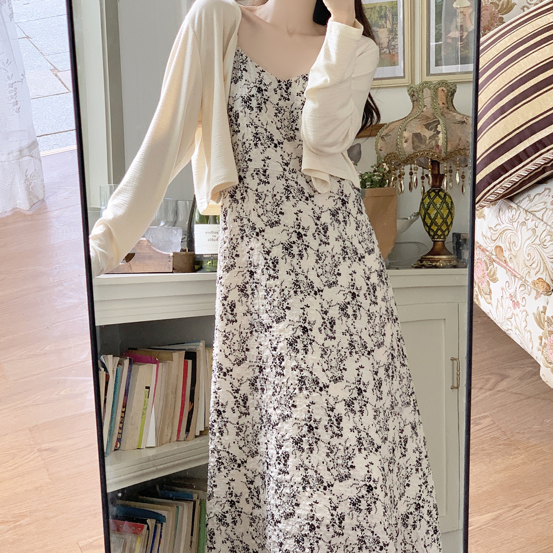 【單件/套裝】新中式碎花吊帶連身裙+針織長袖開衫兩件套裝-HaloBless