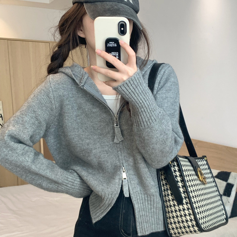 慵懶風拉鍊正肩短版外套連帽針織開衫