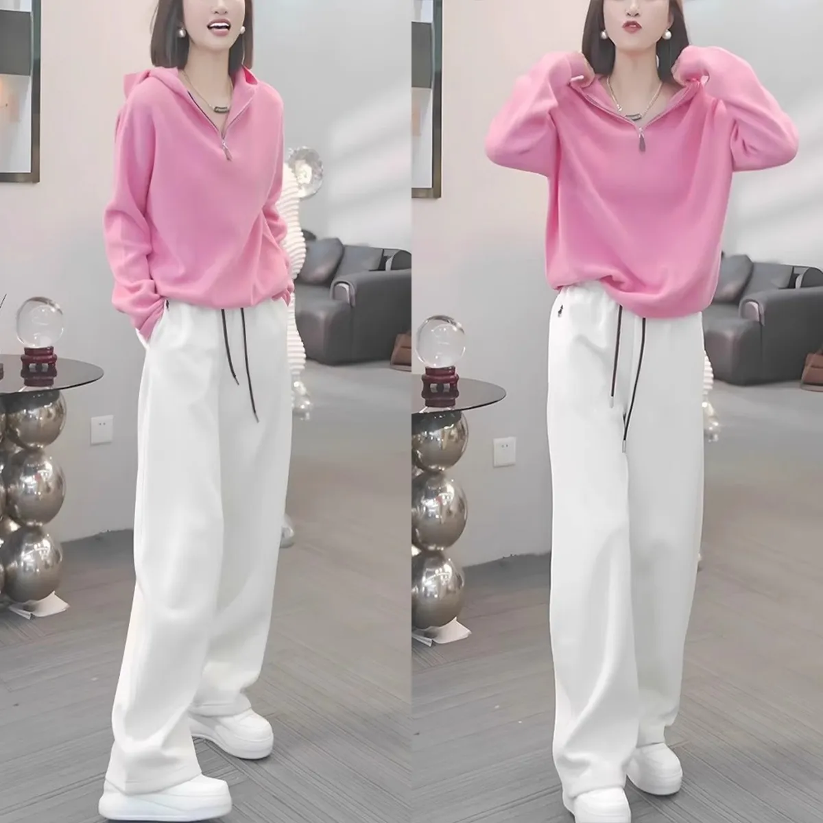 【整套】韓版寬鬆顯瘦粉色連帽長袖+休閒運動風簡約長褲兩件套