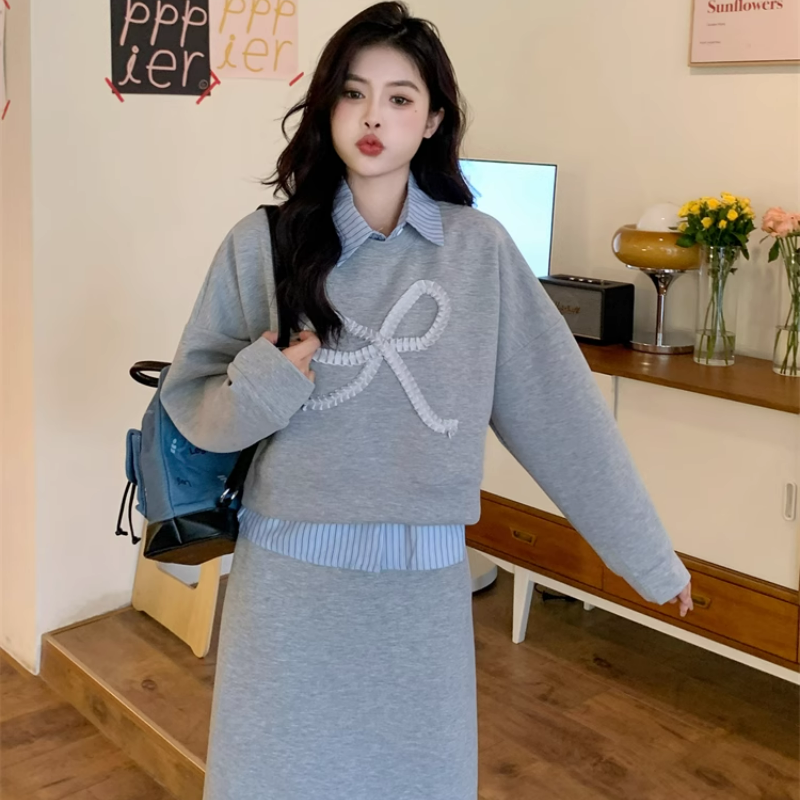 【整套】POLO領條紋拼接長袖衛衣+高腰包臀半裙兩件套裝-HaloBless