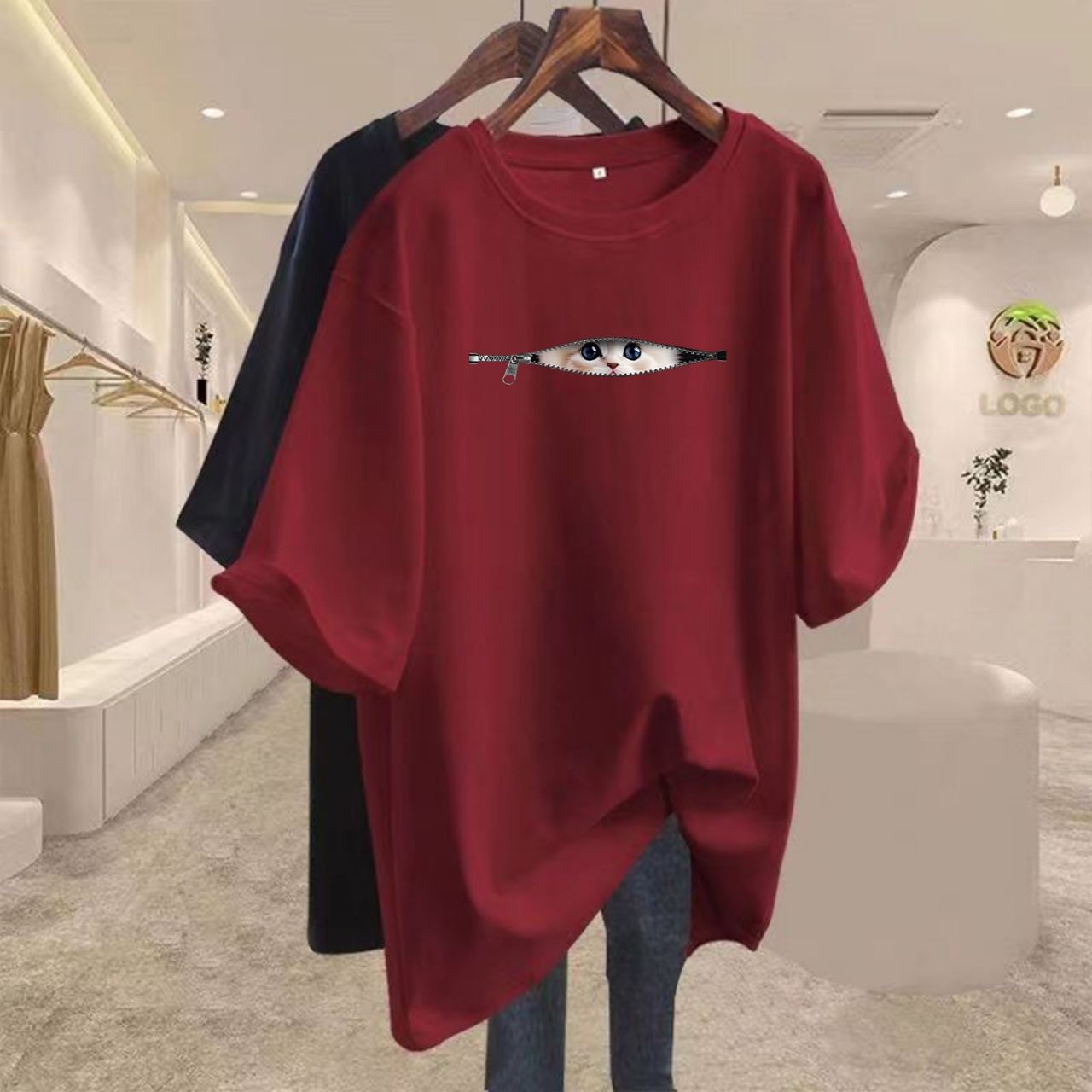 16色純棉寬鬆可愛貓咪寬鬆中長款百搭短袖T恤-HaloBless