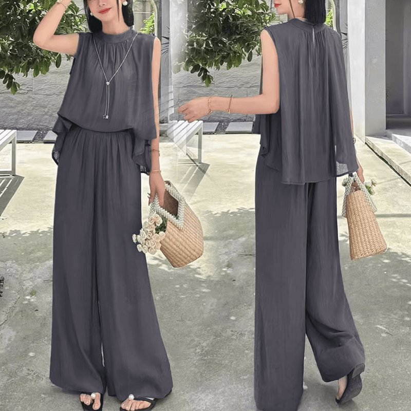 【整套】高級感時尚掛脖背心+休閑百搭闊腿褲兩件套