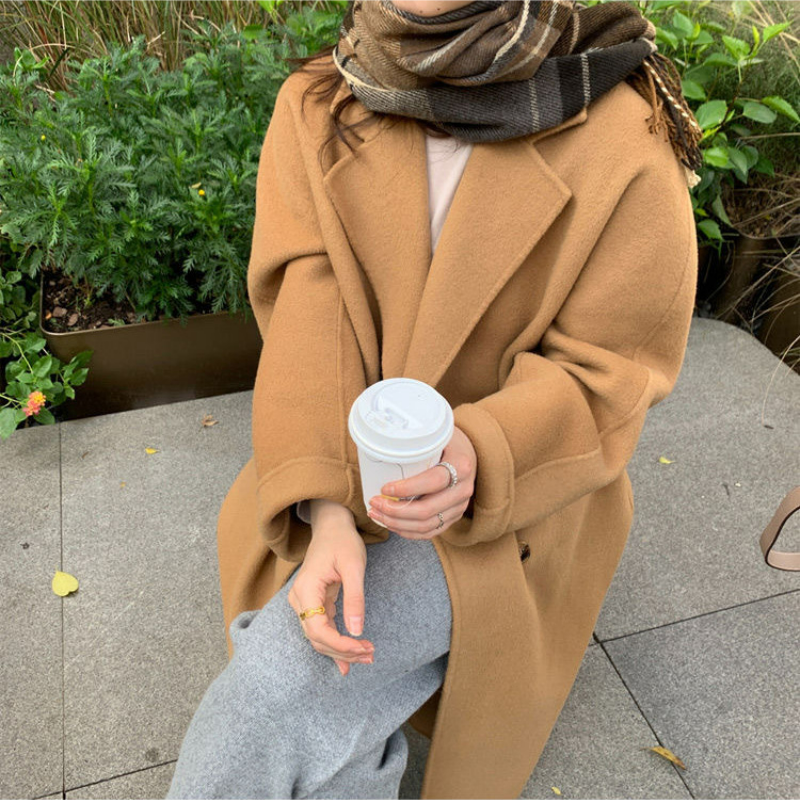 韓系中長版寬鬆高級感雙排扣仿毛呢外套