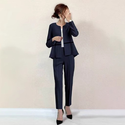 日系圓領西服上衣小腳褲職業通勤兩件套裝-HaloBless