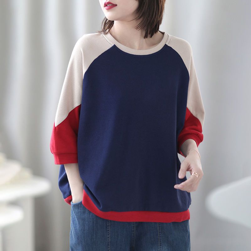 純棉寬鬆圓領文藝休閒五分袖大碼撞色長袖-HaloBless