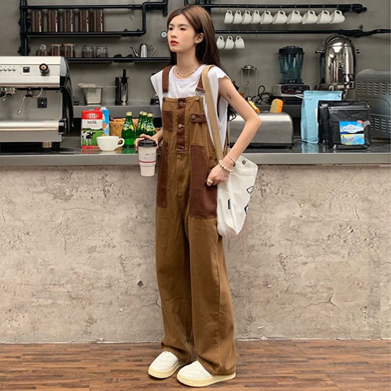 減齡氣質美式高街拼接撞色工裝背帶褲-HaloBless