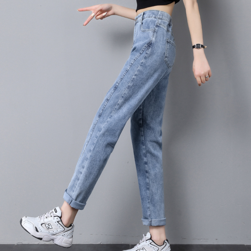 微喇型鬆緊高腰港風顯瘦小脚哈倫牛仔褲-HaloBless