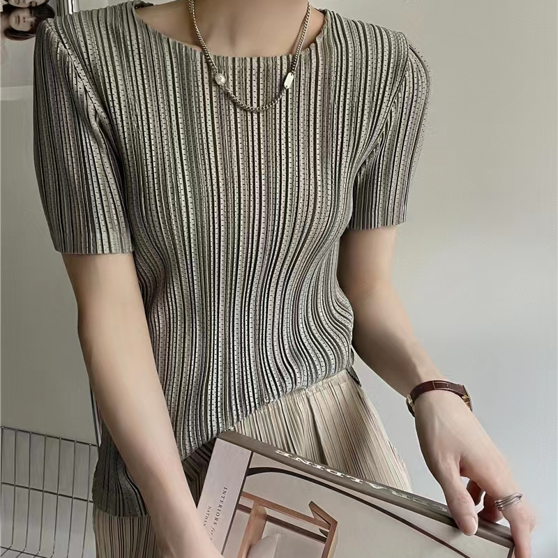 壓褶氣質薄款彈力圓領百搭修身短袖T恤