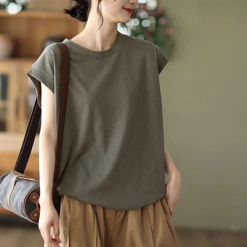 文藝純棉顯瘦圓領休閒純色T恤-HaloBless