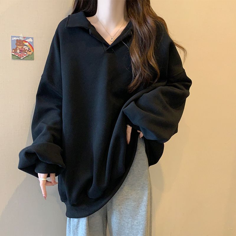 美式寬鬆翻領oversize顯瘦長袖T恤