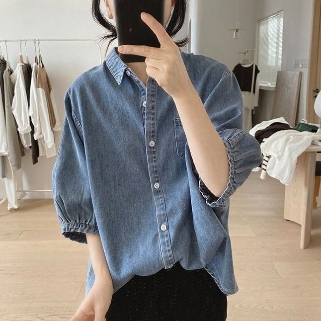 復古簡約寬鬆顯瘦燈籠袖牛仔襯衫-HaloBless