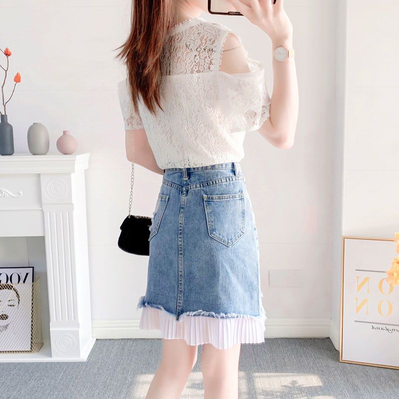 【單件/套裝】氣質溫柔風蕾絲拼接短袖+時尚牛仔半身裙兩件套裝