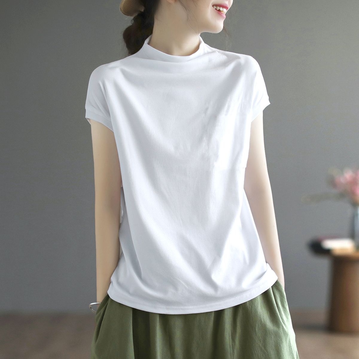 純棉文藝寬鬆顯瘦百搭半高領t恤短袖-HaloBless