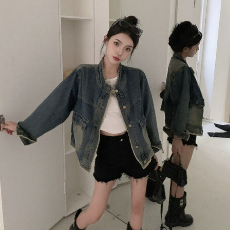 復古毛邊寬鬆顯瘦夾克水洗牛仔外套