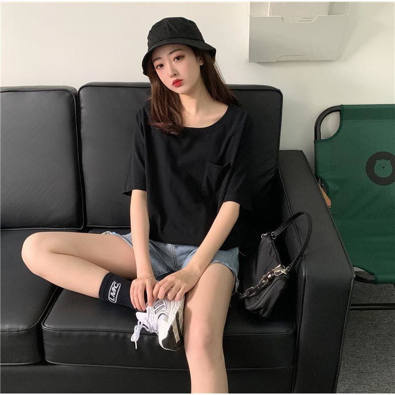 港風純棉寬鬆圓領開叉遮臀中長版短袖T恤