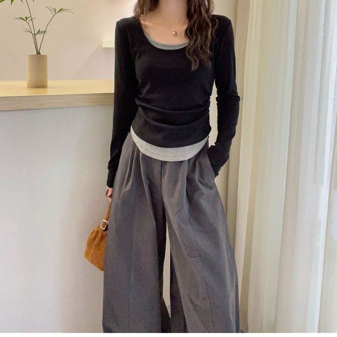 假兩件正肩修身顯瘦拼接撞色長袖T恤